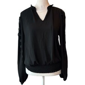 Elie Tahari Blouse Black Ruffle V Neck‎ Lace CutOut Sleeve Elastic Cuff NWOT S